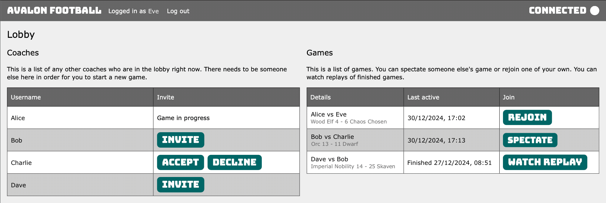 A simplified screenshot of the Avalon Football Lobby.